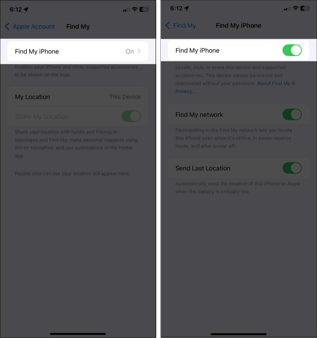 Checking whether Find My is turned on in iPhone Settings app.