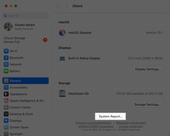 System Report button under General settings on macOS System Settings app.