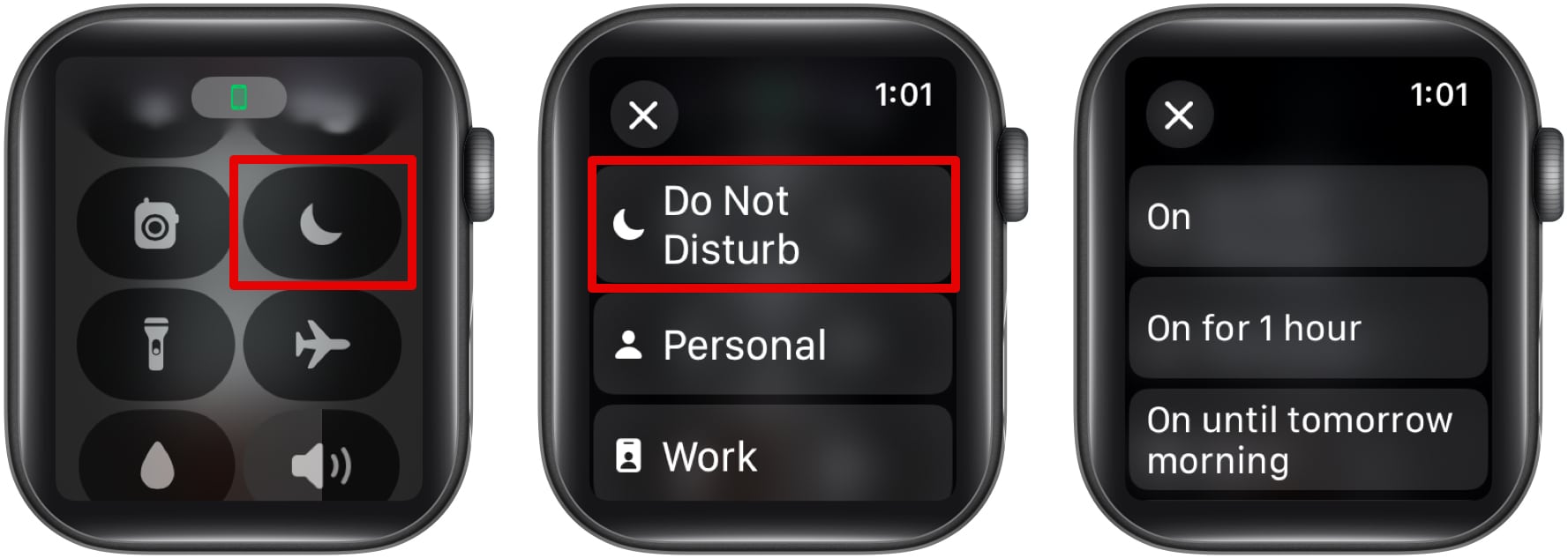 Enabling Do Not Disturb on an Apple Watch from the Control Center.