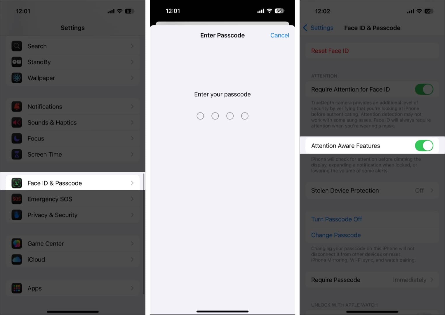 Checking/changing the Attention Aware Features status.