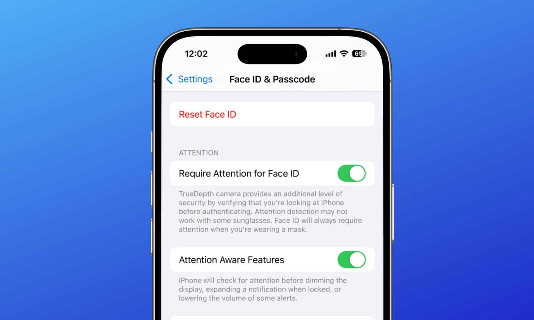 Attention Aware Features in iOS Settings app on an iPhone toggled on.