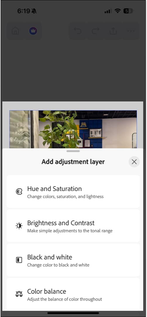 Image adjustment tools in the iPhone Photoshop app.