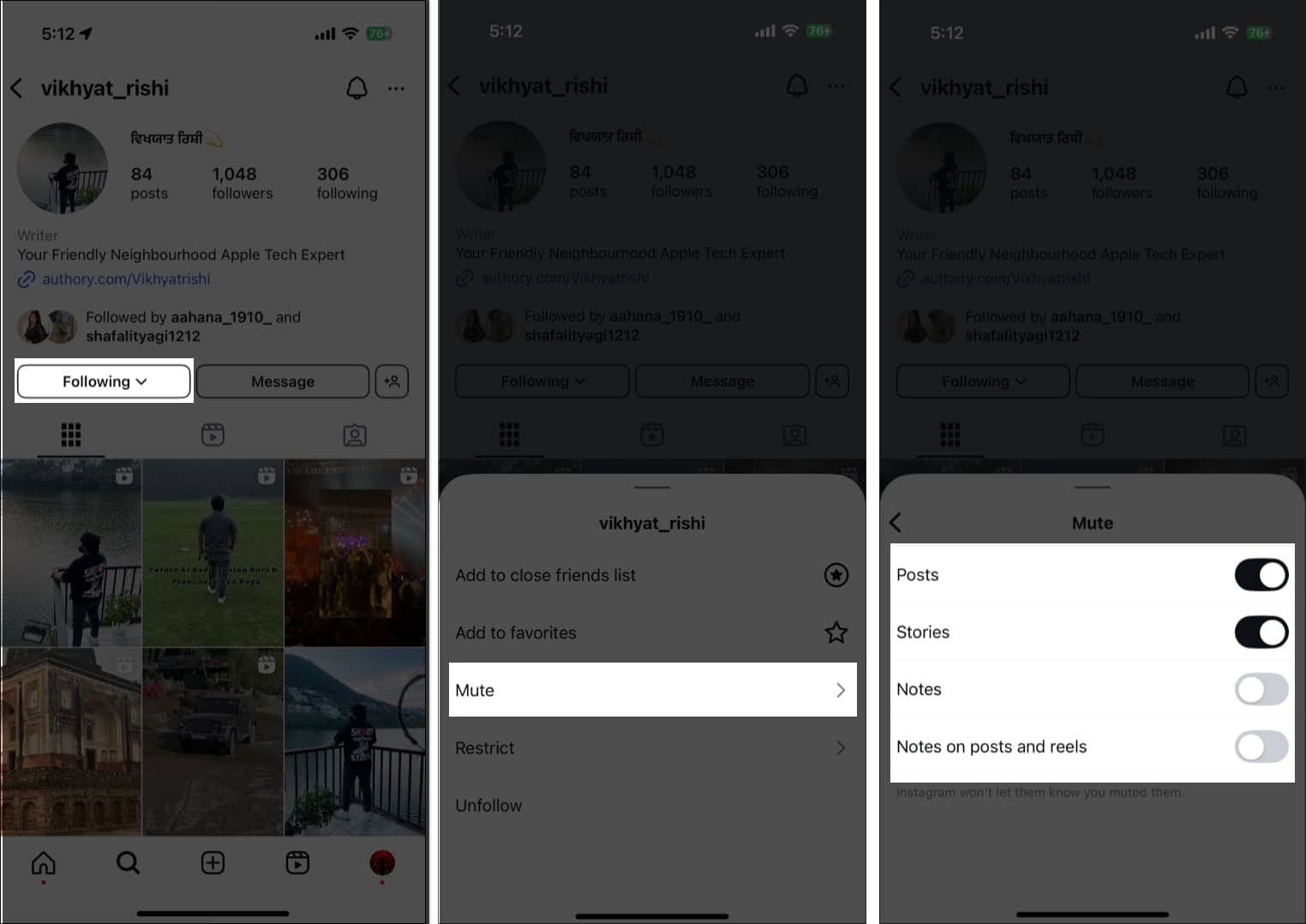 Muting content from an Instagram account on an iPhone.