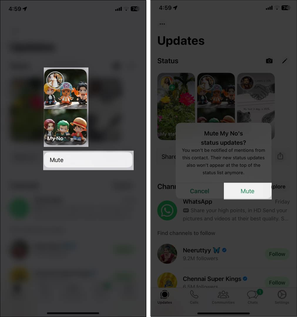 Muting WhatsApp status on iPhone.