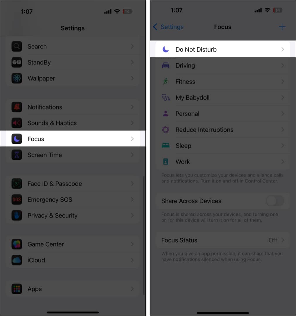 Navigating to Do Not Disturb under Focus settings on an iPhone.