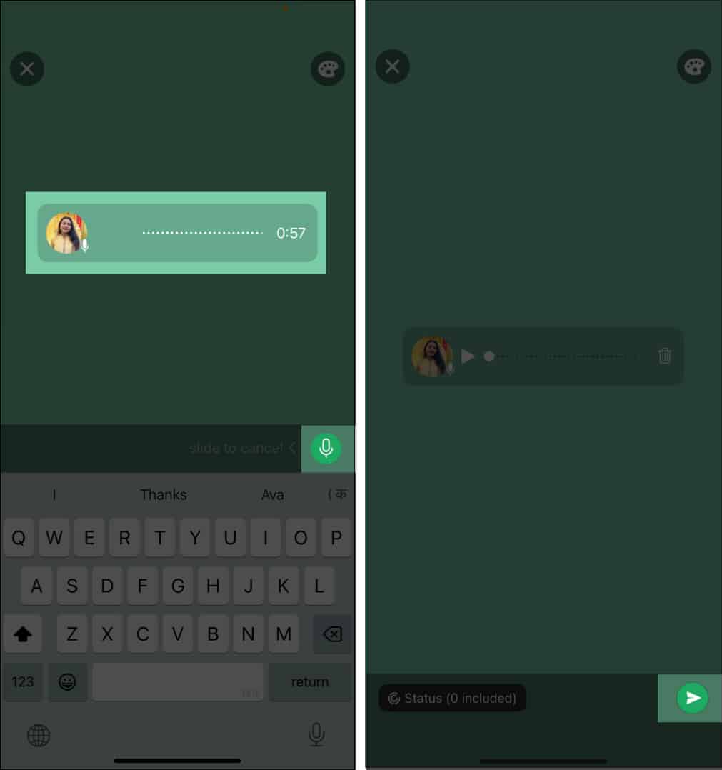 Posting voice status on WhatsApp by tapping on mic icon.