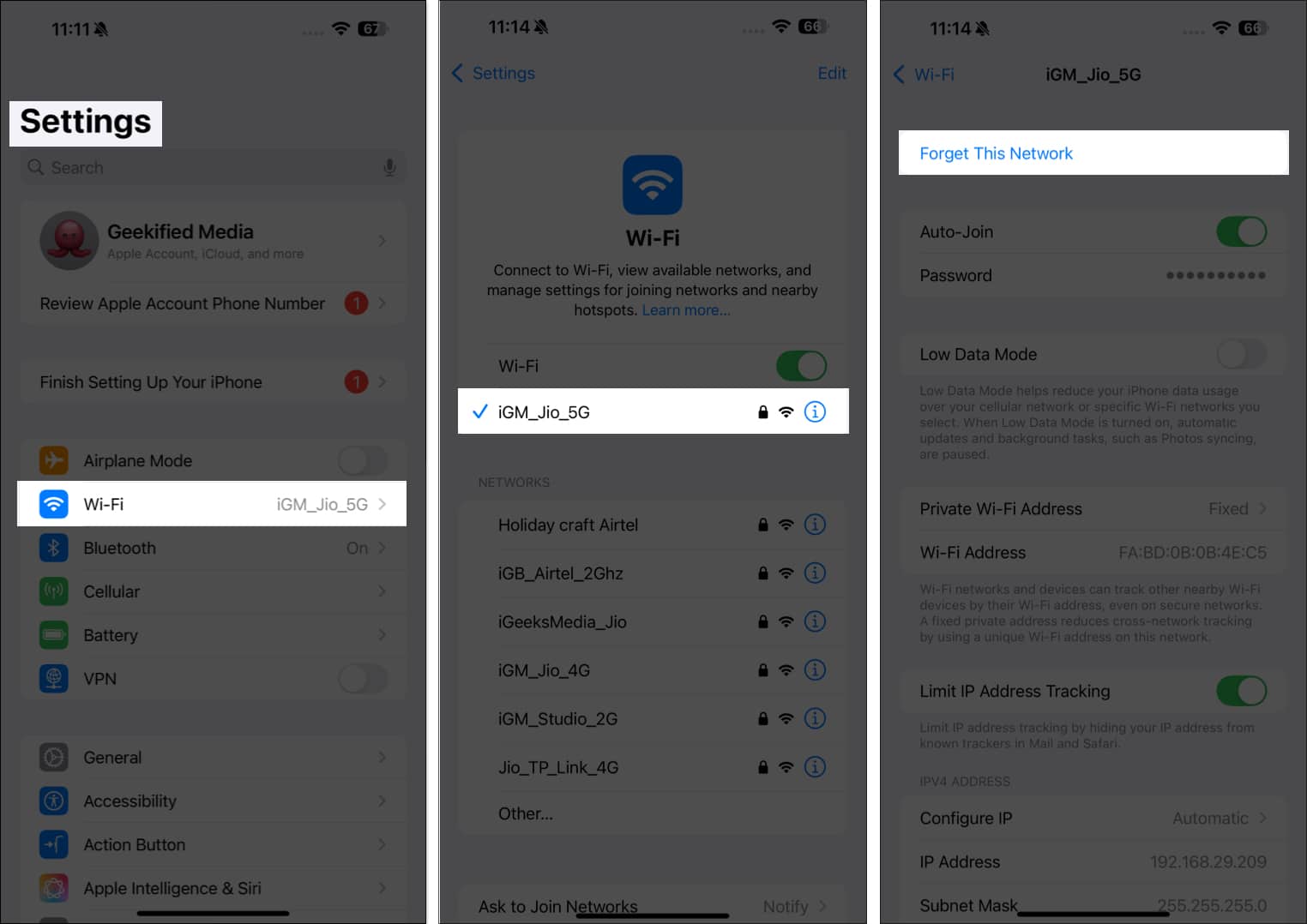 Forgetting a Wi-Fi connection and reconnecting to it from the iOS Settings app.