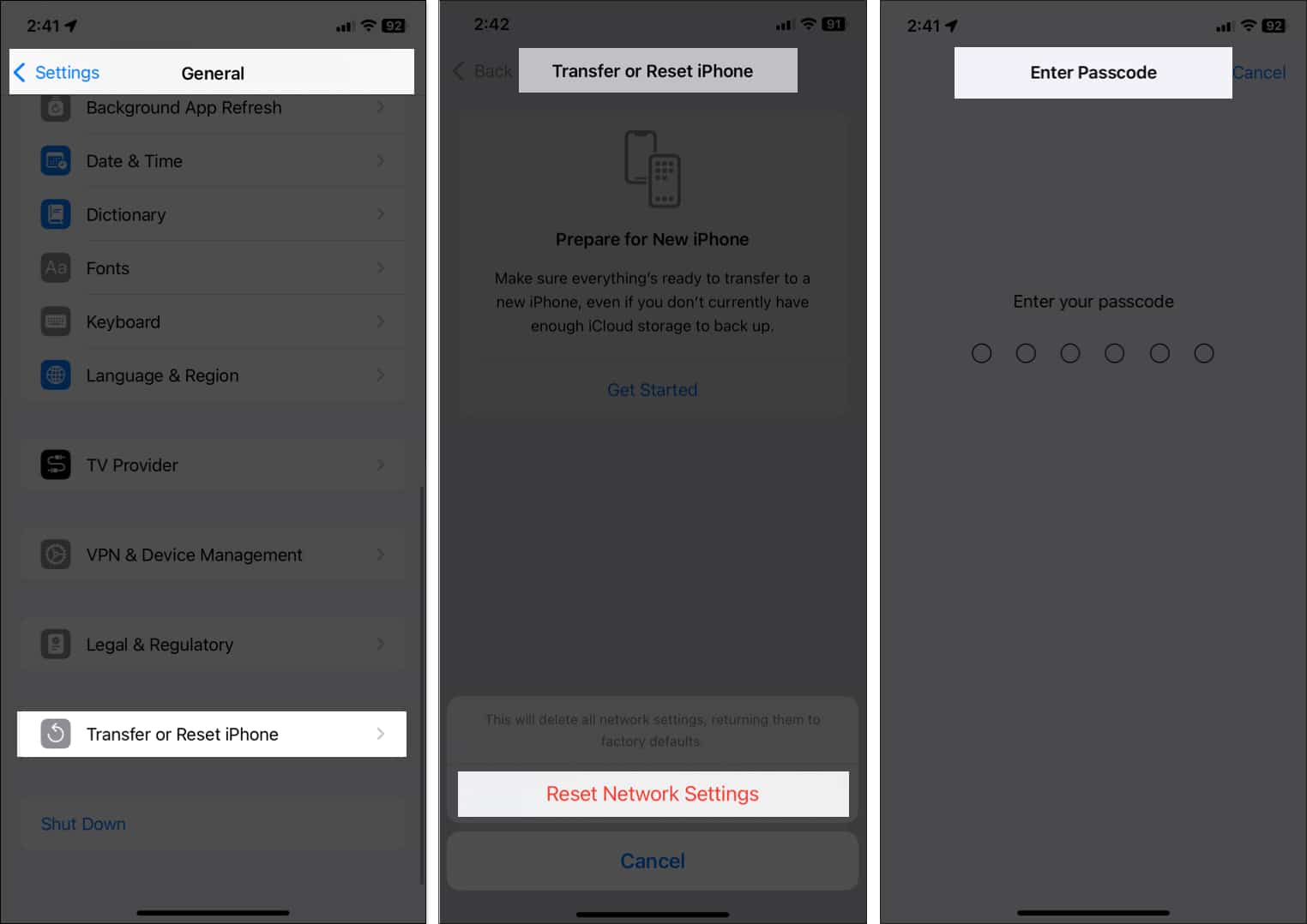 Resetting network settings on an iPhone.