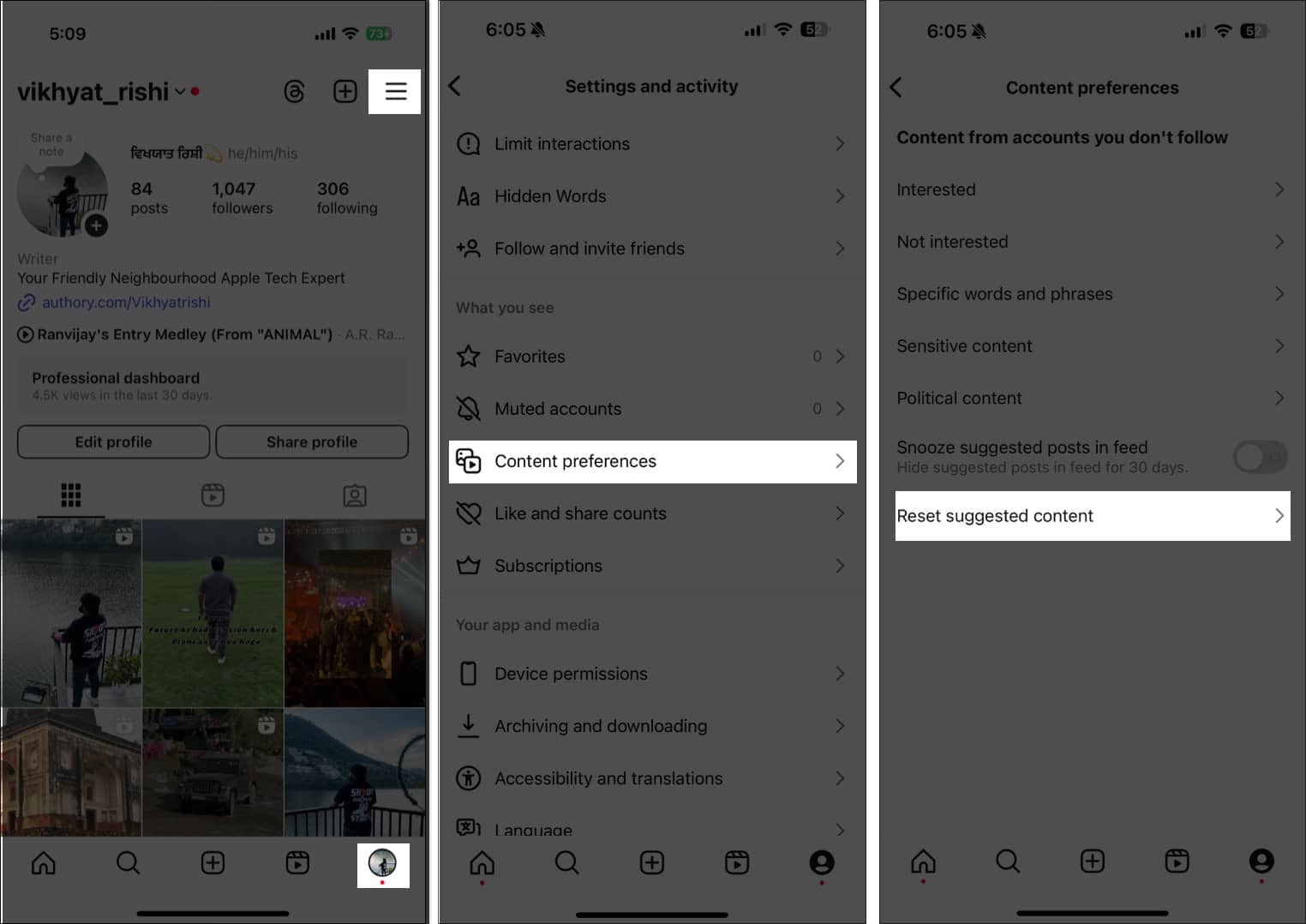 Resetting the Instagram algorithm on an iPhone.