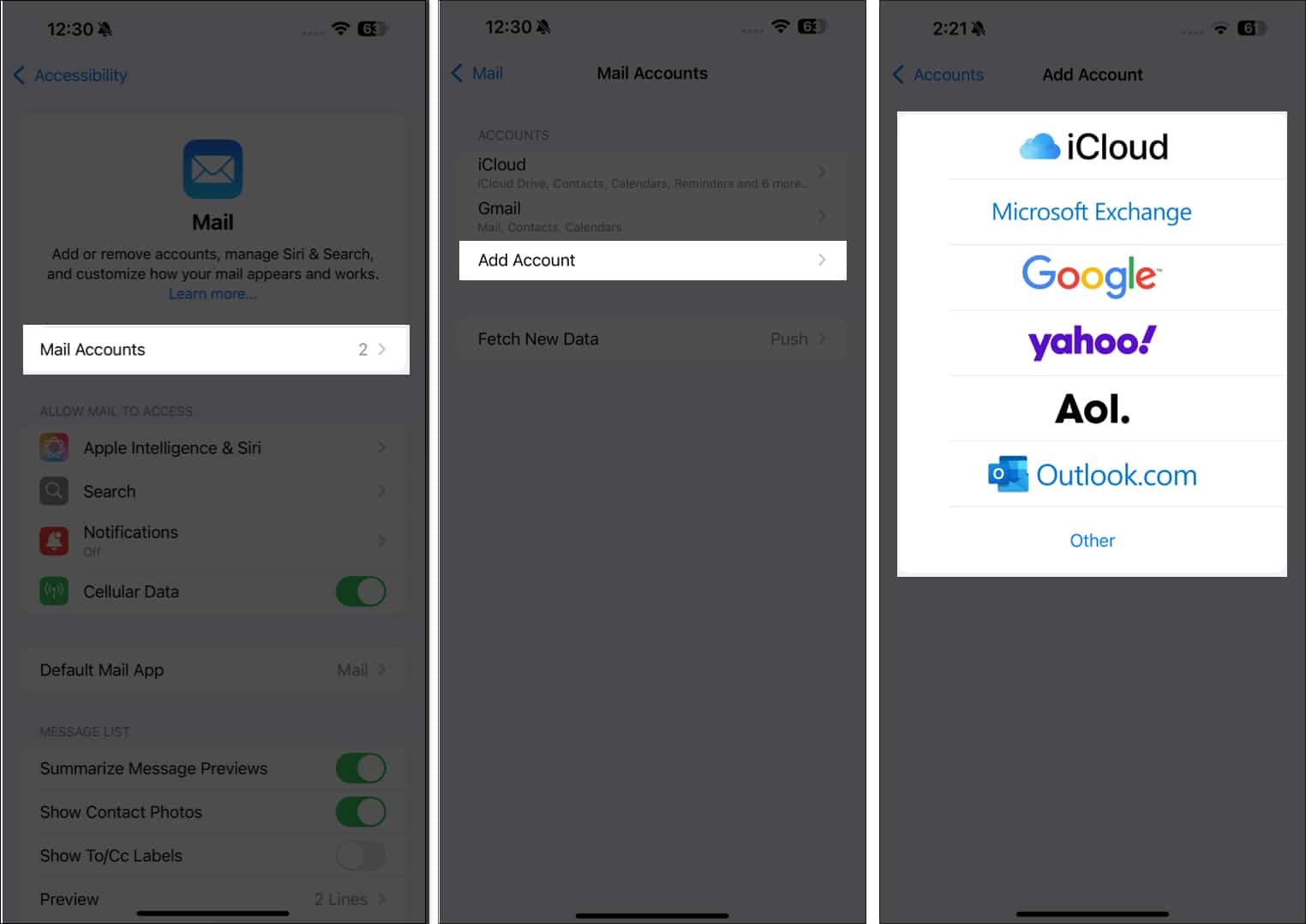 Adding an account back to the Mail app in the Settings app on an iPhone.
