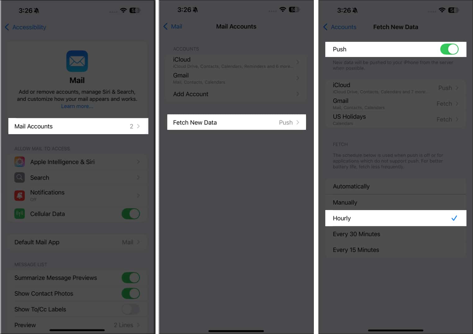 Setting the Mail app to fetch emails for an account hourly.