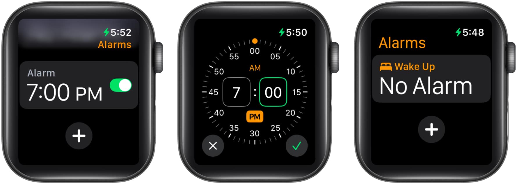Setting alarm from the Alarms app on an Apple Watch.