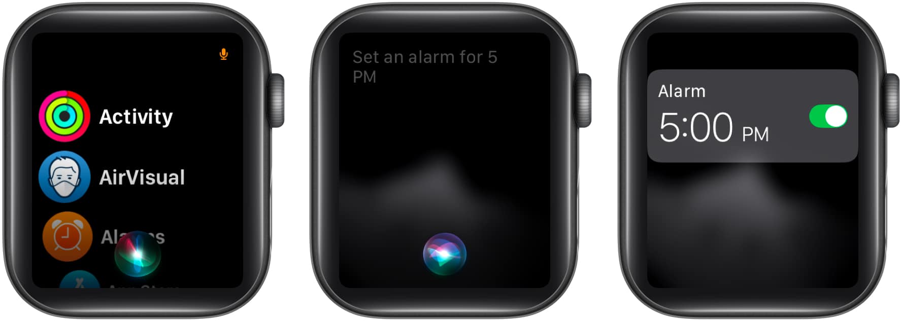 Setting an alarm on an Apple Watch using Siri.