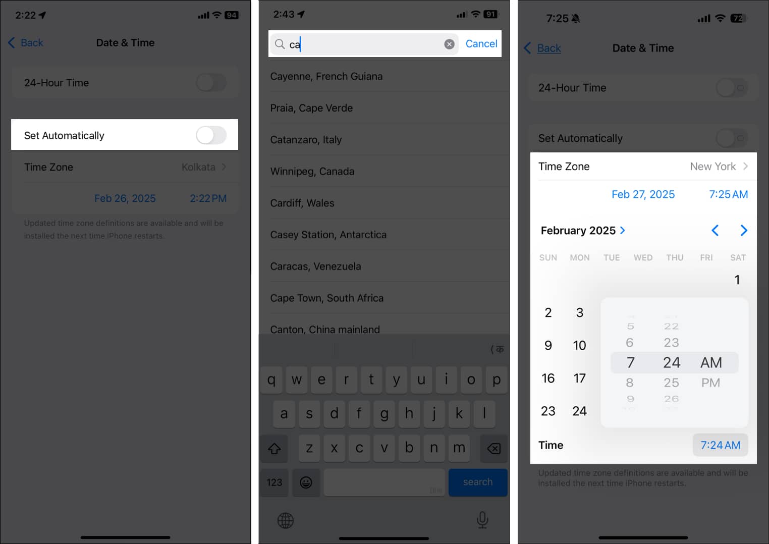 Setting up the correct date and time in iOS Settings.