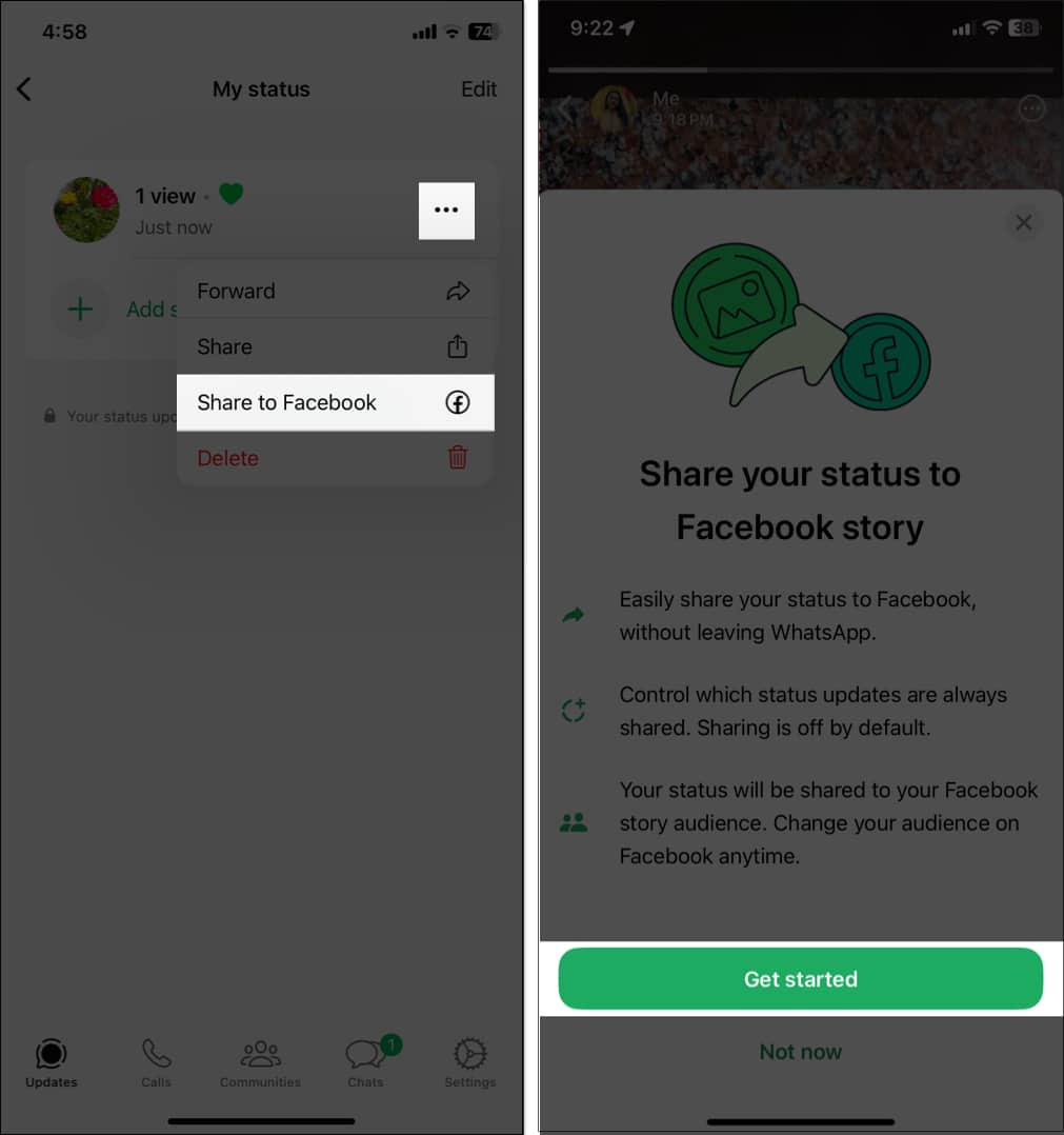 Sharing WhatsApp status in Facebook on iPhone.