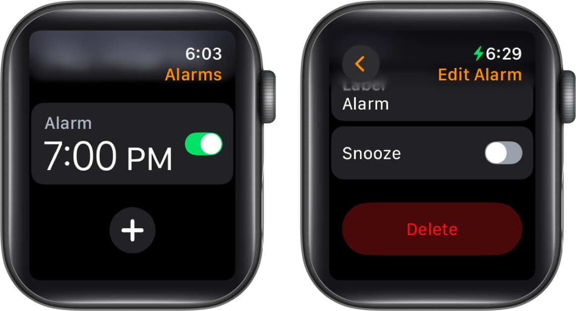 Deleting an alarm in the Alarms app on an Apple Watch.