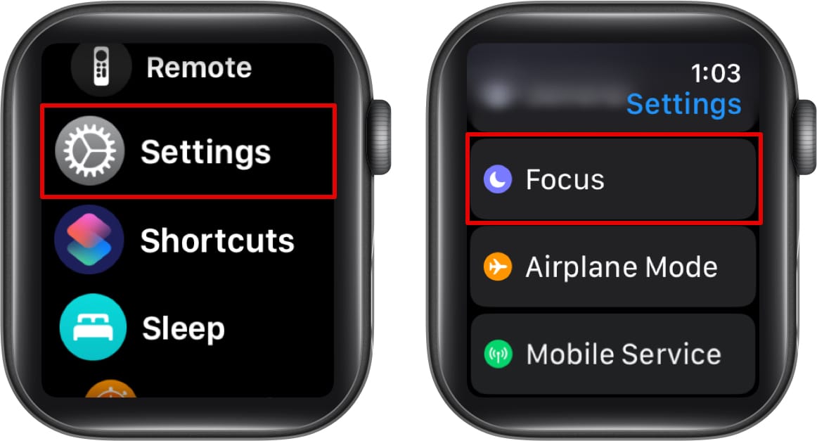 Accessing Focus settings in the Apple Watch Settings app.