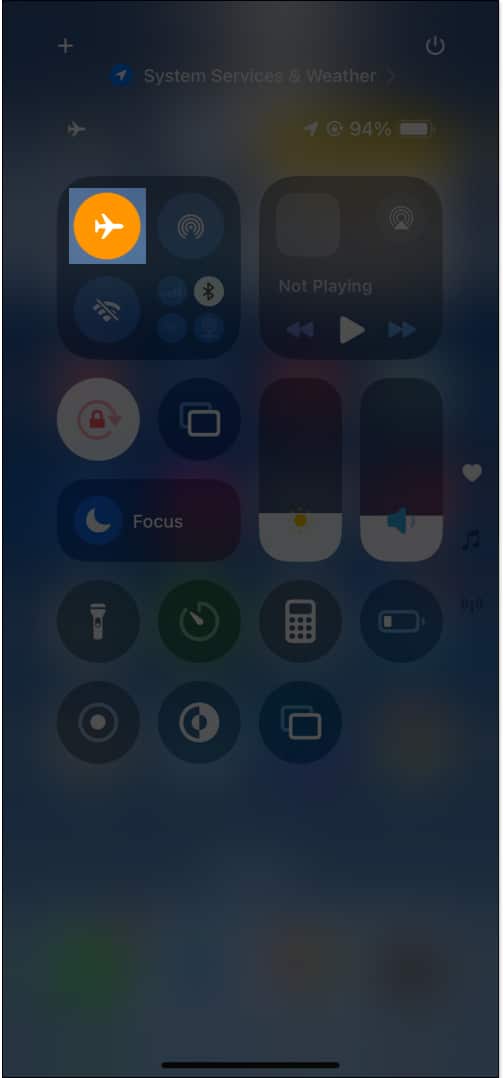 Toggling Airplane More on an iPhone from the Control Center.