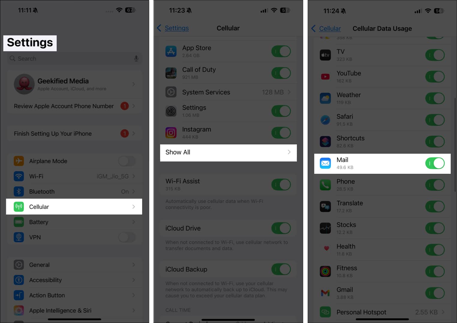 Toggling on cellular data access for the Apple Mail app on an iPhone.