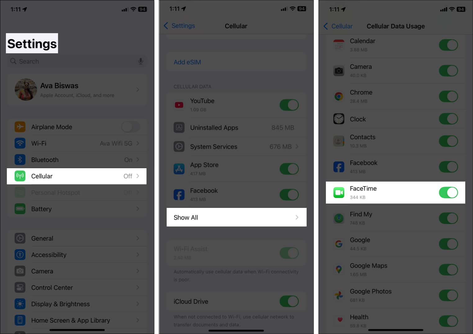 Enabling cellular access for FaceTime on an iPhone.