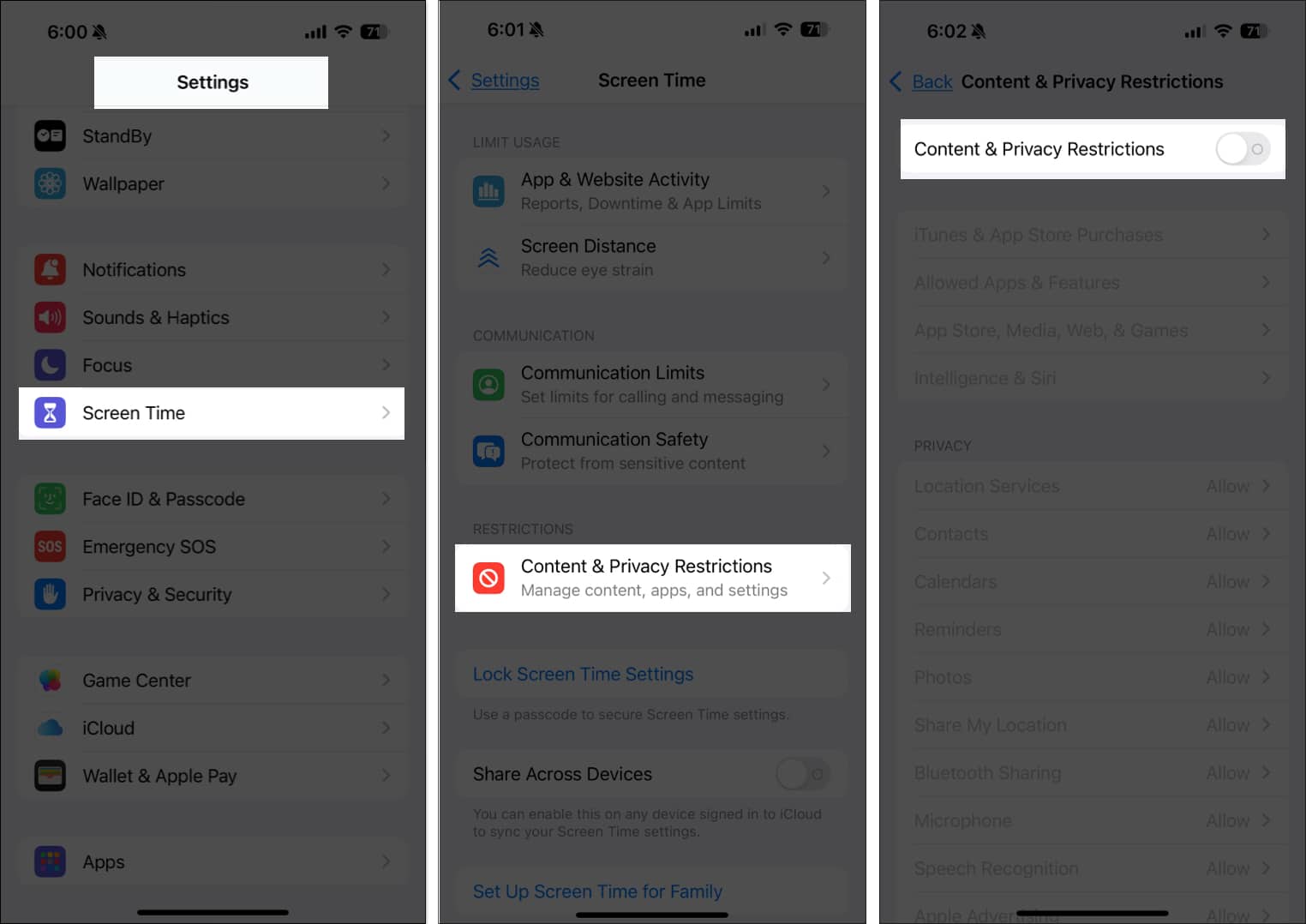 Disabling the Content & Privacy Restrictions option in iPhone Settings.