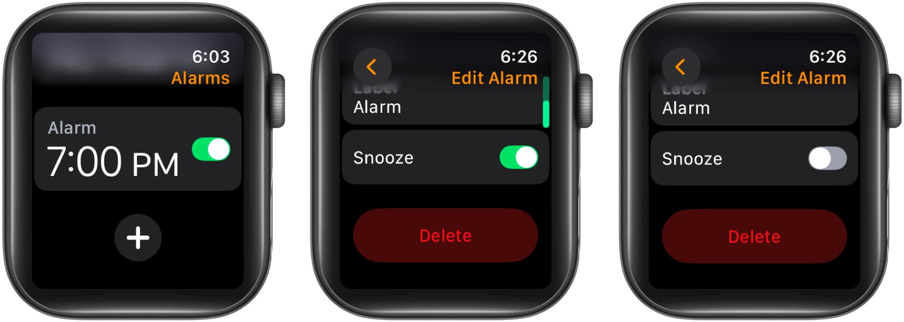 Toggling off the Snooze option in the Alarms app on an Apple Watch.