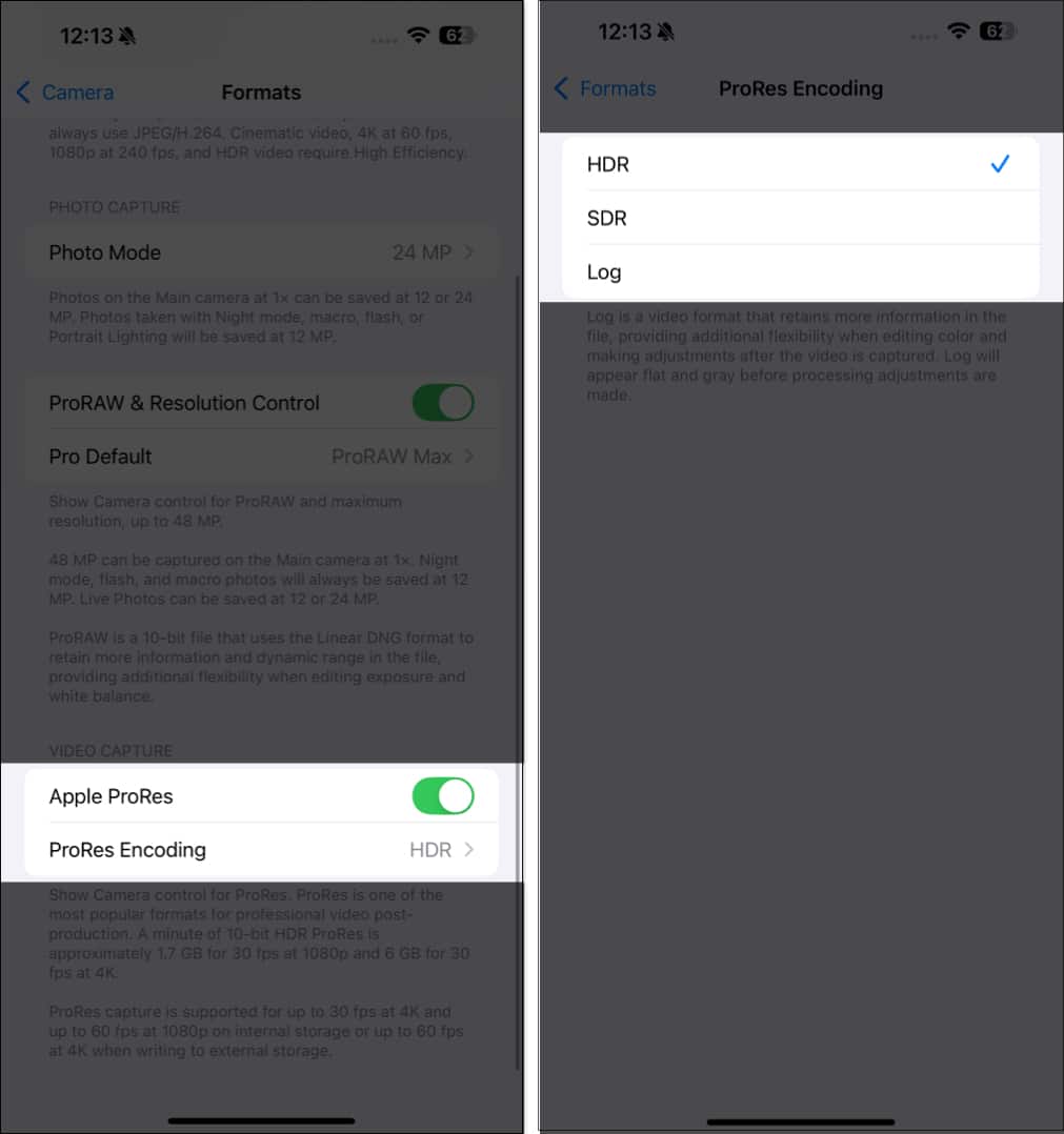 Toggling on ProRes and selecting a ProRes Encoding format.