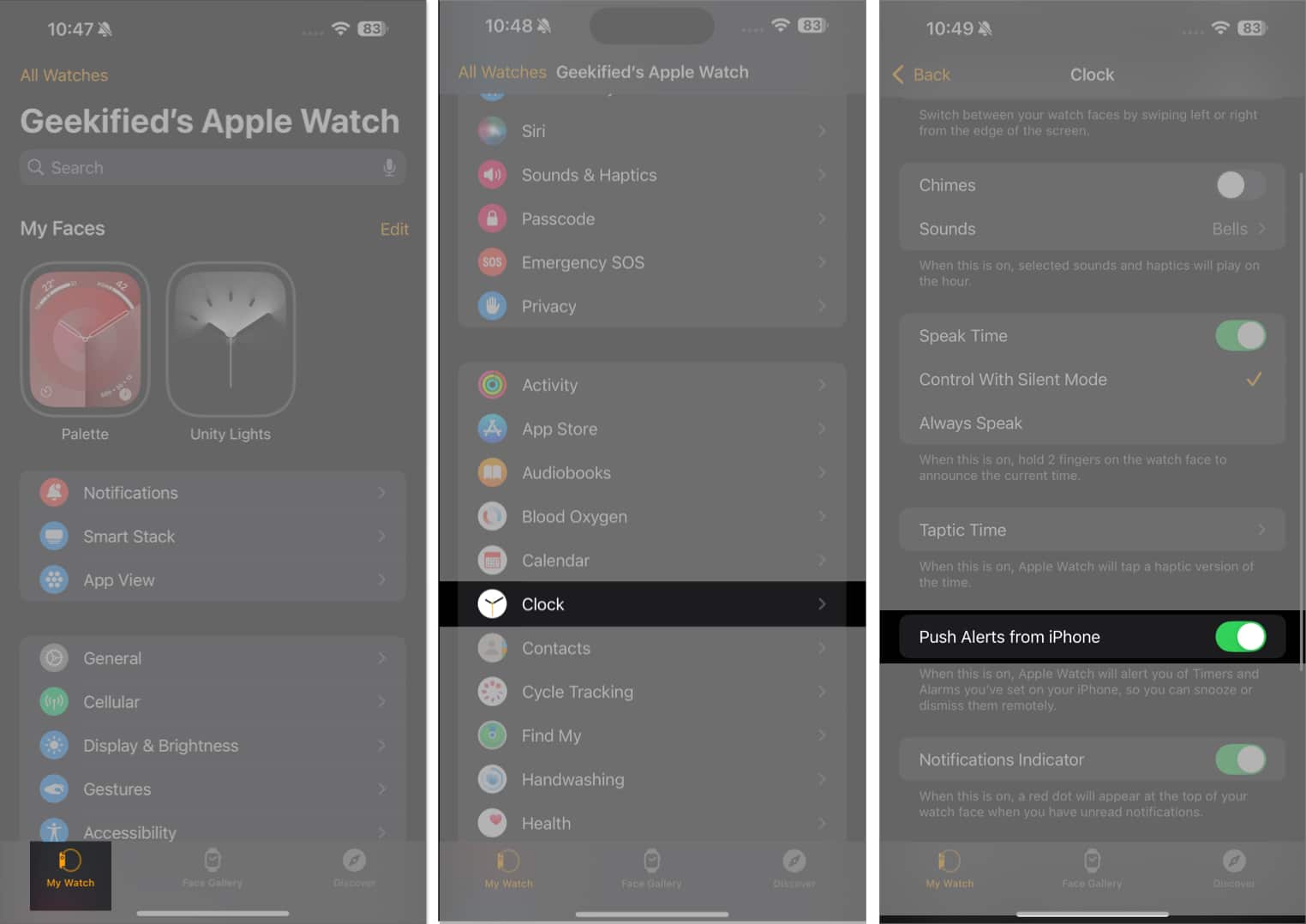 Toggling on the Push Alerts from iPhone option in the iOS Watch app.