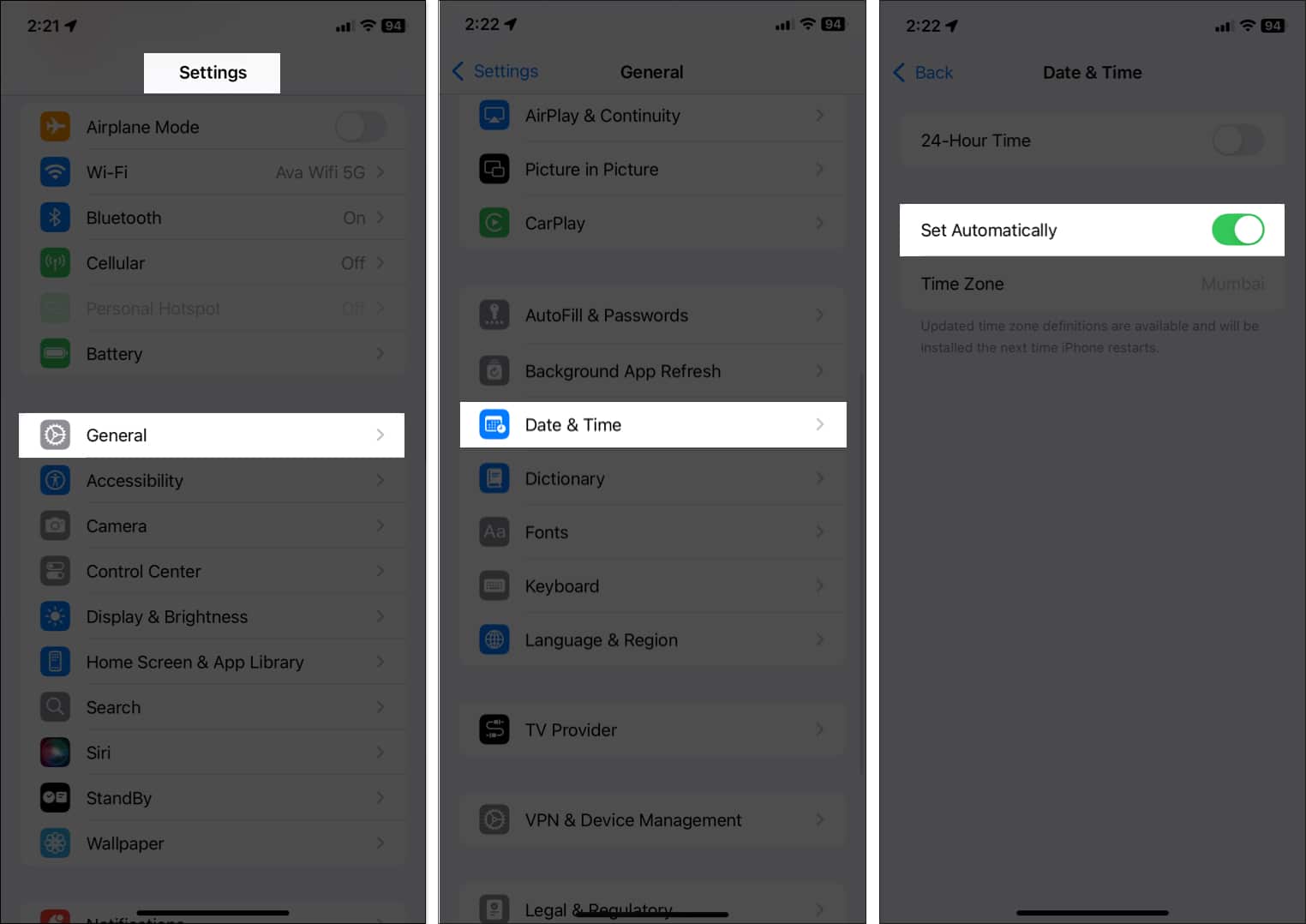 Toggling on the Set Automatically option for date and time in iOS Settings app.