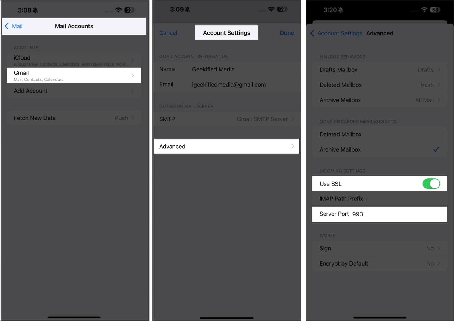 Toggling on SSL and setting the correct server port for a mail in iPhone Settings app.