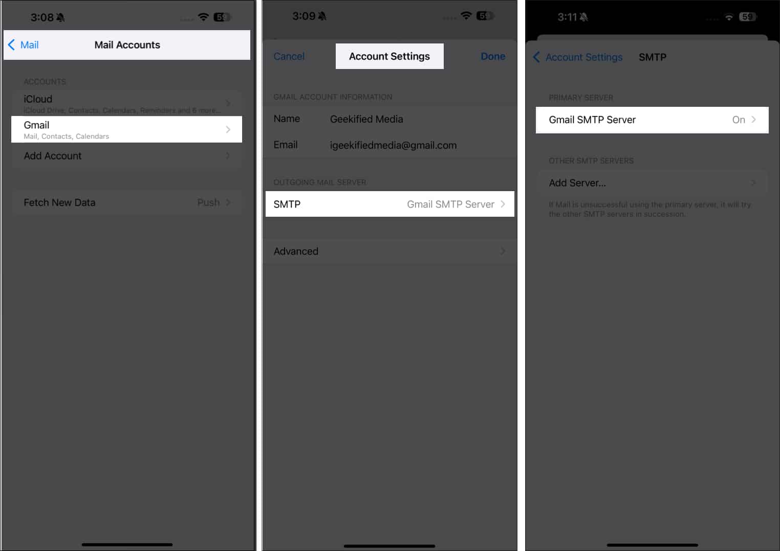 Checking mail settings on an iPhone.