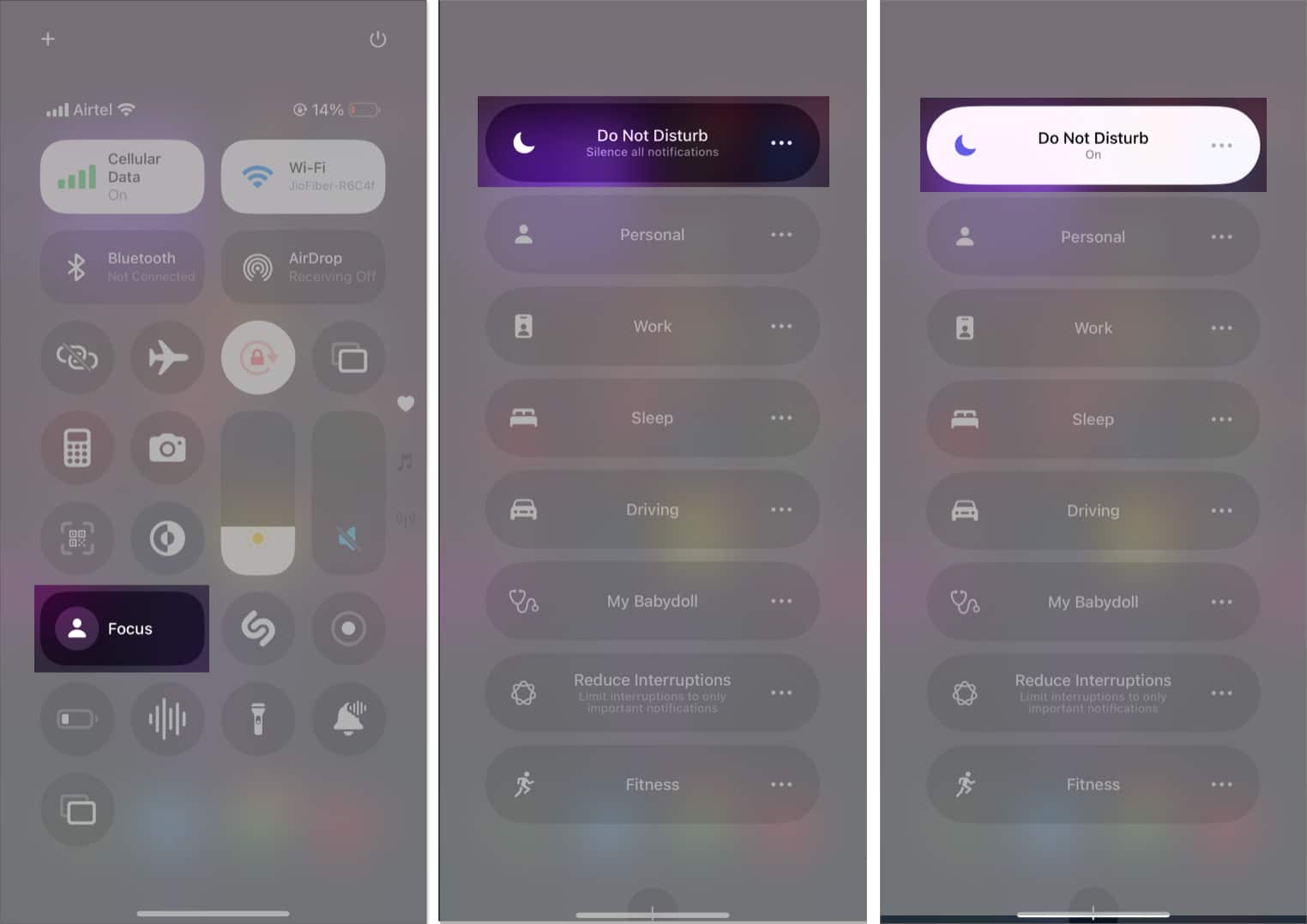 Turning on Do Not Disturb mode from the Control Center on an iPhone.
