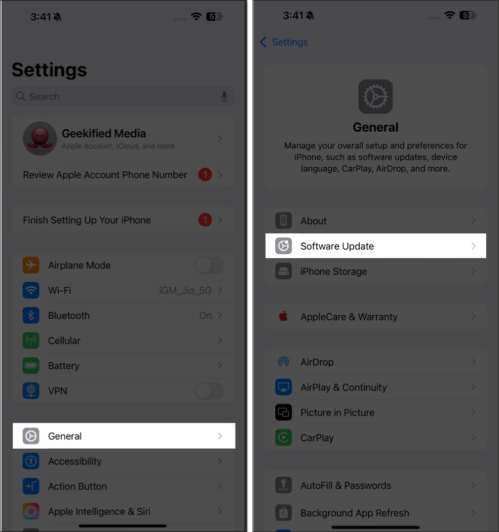Checking/updating iOS on an iPhone.