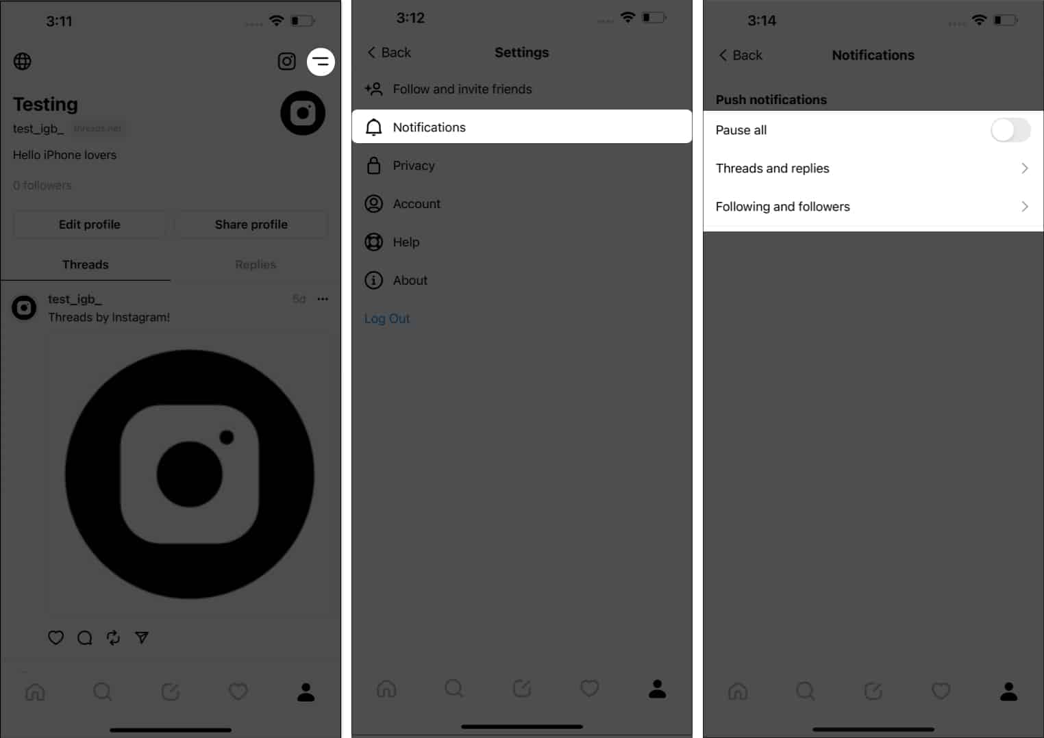 Access menu notifications push notifications in threads