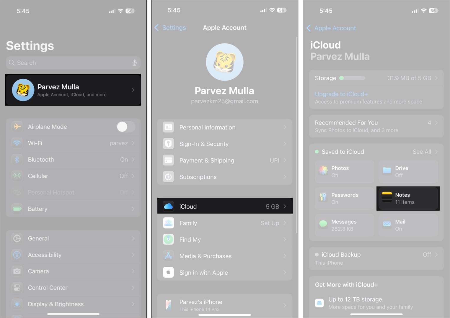 Access icloud settings page on an iphone
