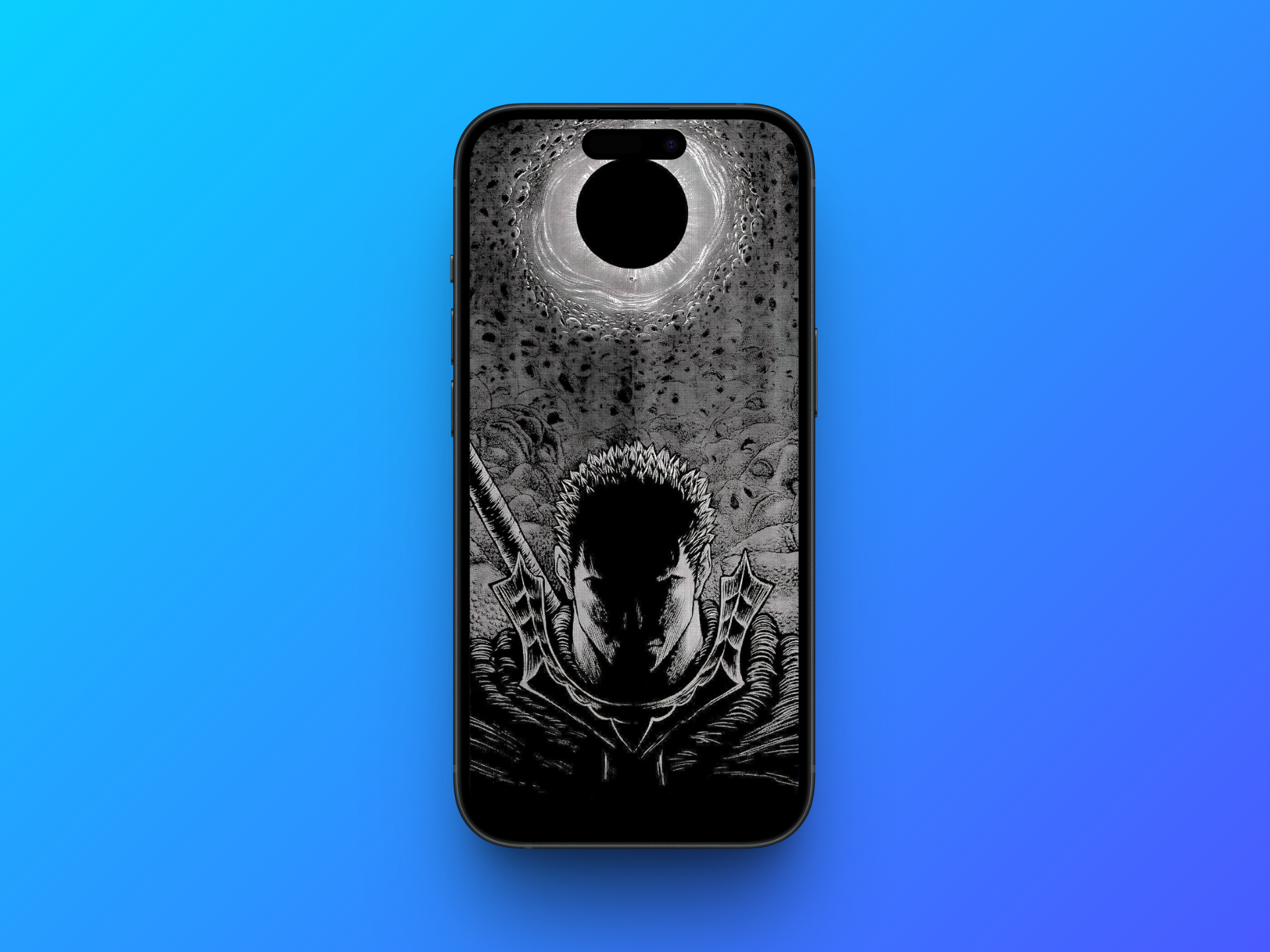 Berserk guts black and white wallpaper in iphone mockup