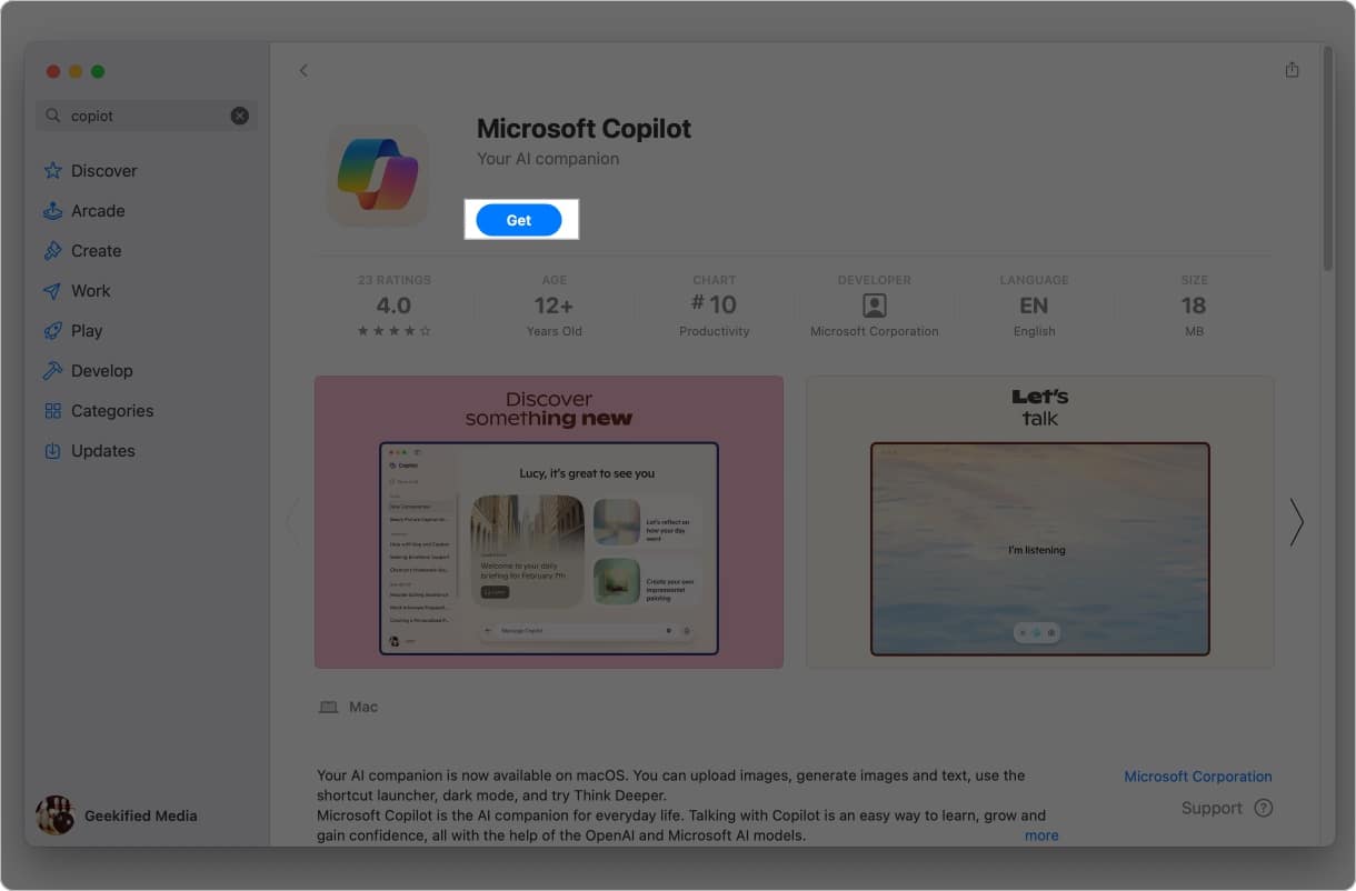 Click get to install microsoft copilot from Mac App Store.