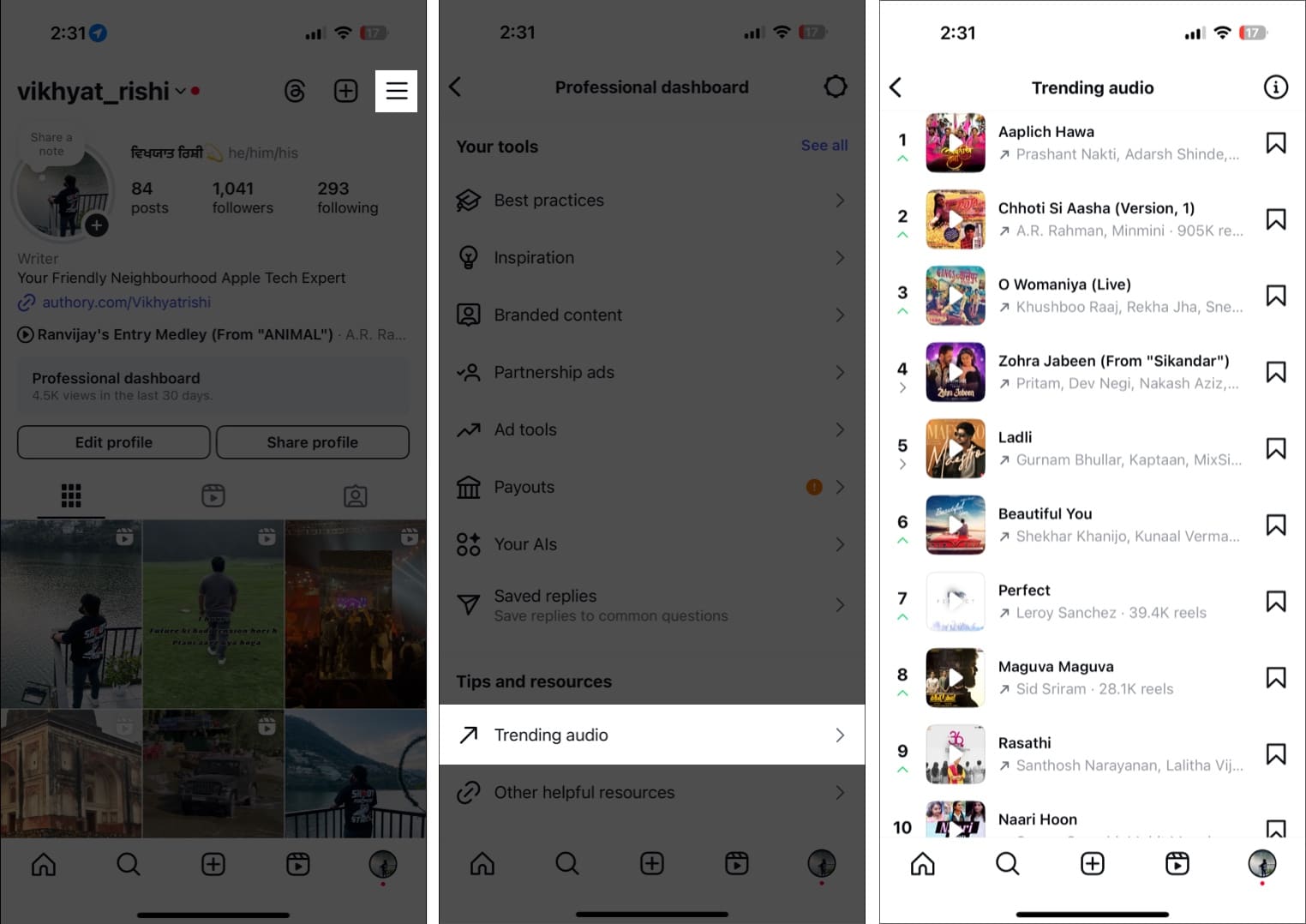 Finding trending audio on Instagram via the professional dashboard.