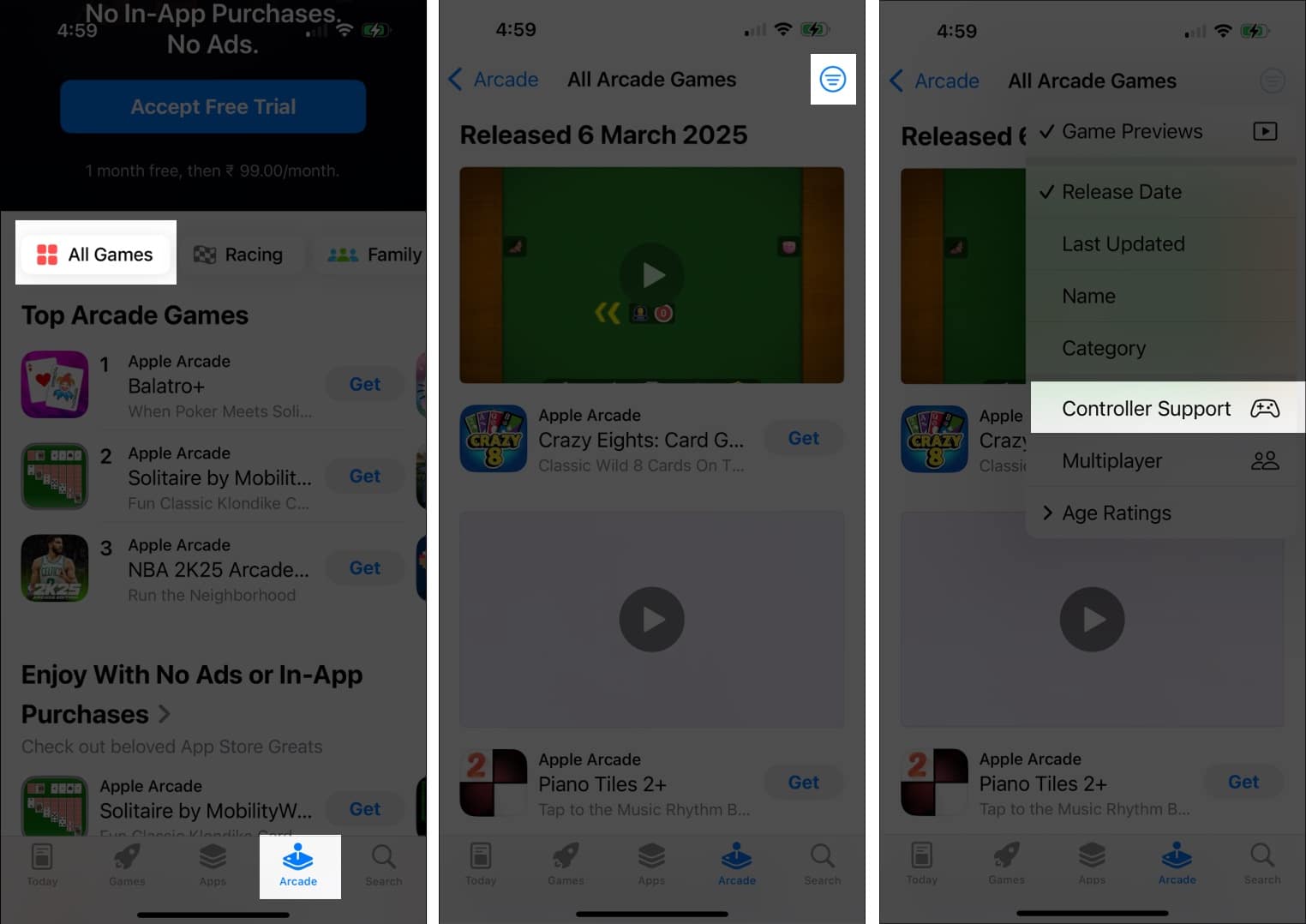 Go to Arcade section select All Games tap the filter icon and choose Controller Support.