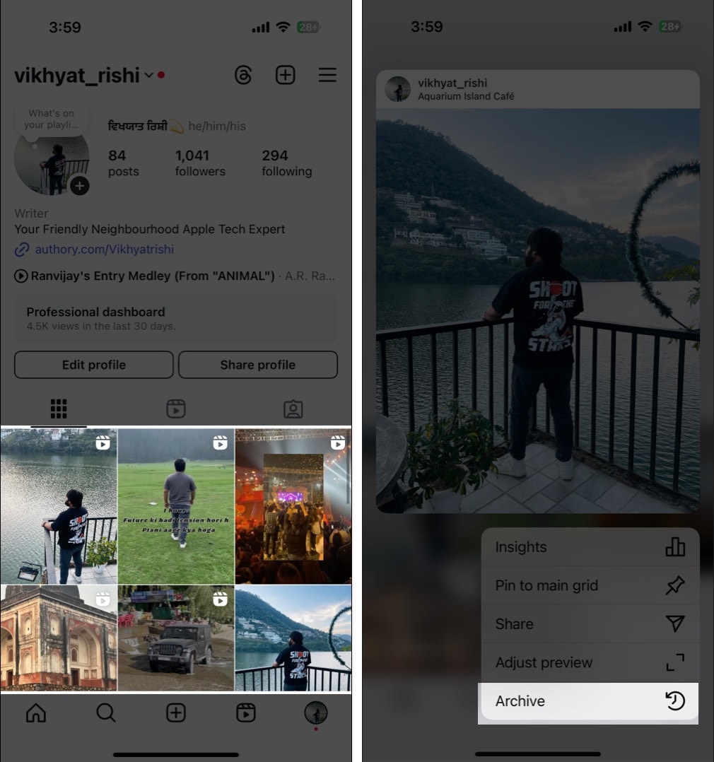 Archiving an Instagram post on an iPhone.