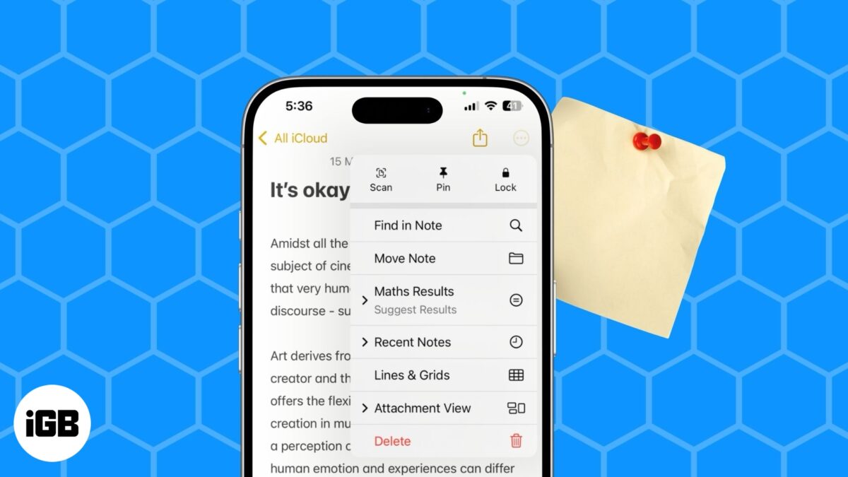 Pin option in the apple notes app on an iphone