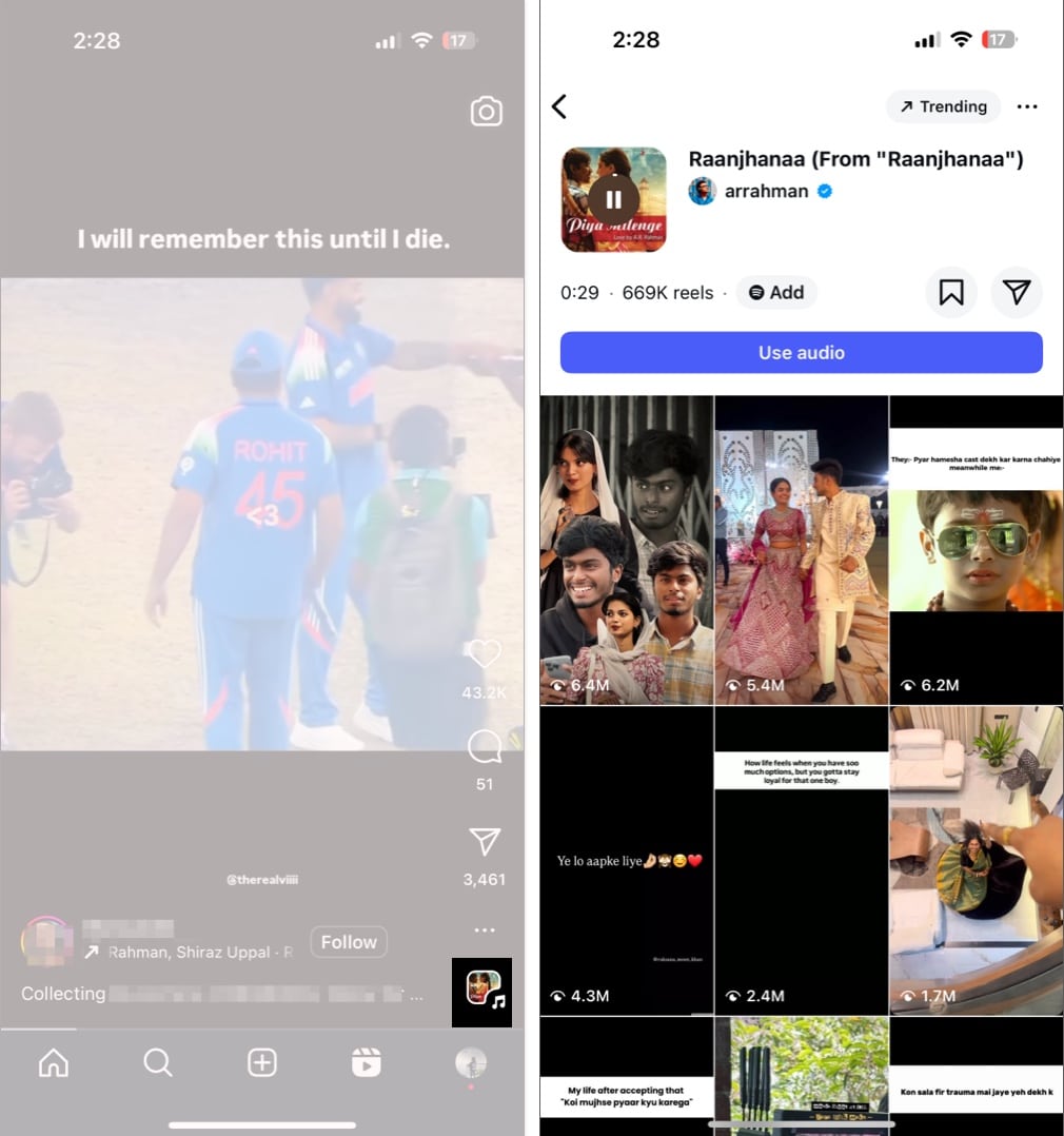 Finding trending audio on the Explore tab in the Instagram app on an iPhone.