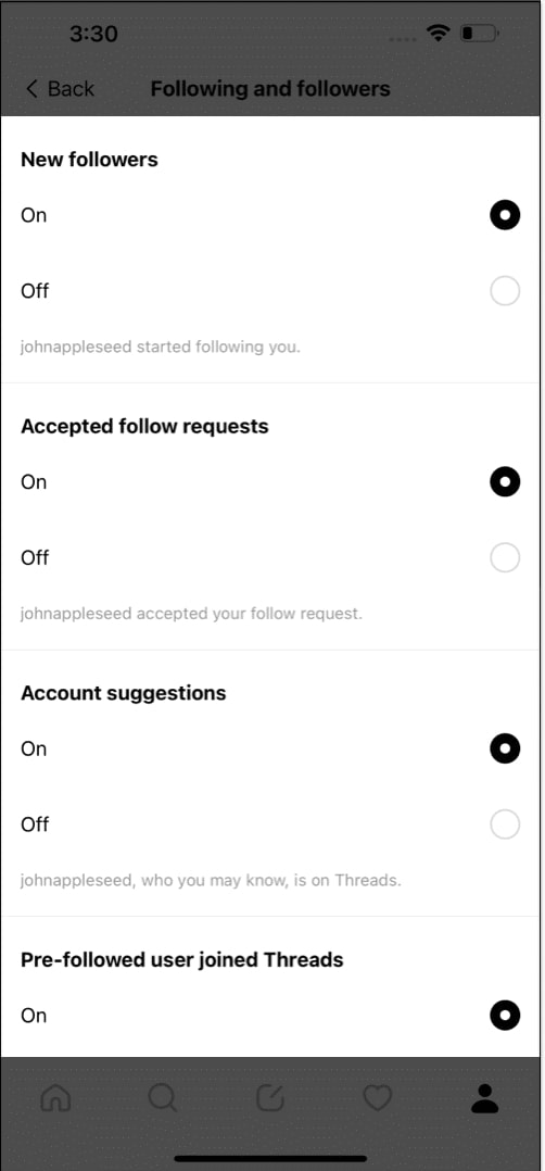 Manage followers and following in threads