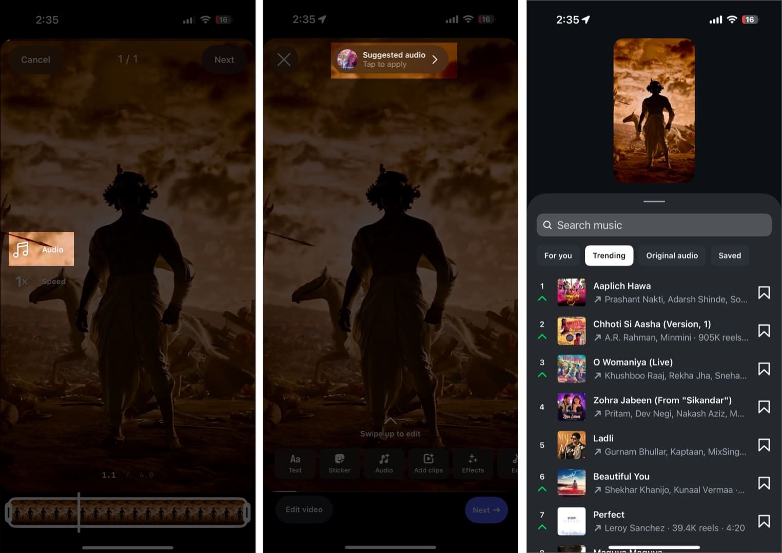 Finding trending audio in Instagram audio library on an iPhone.