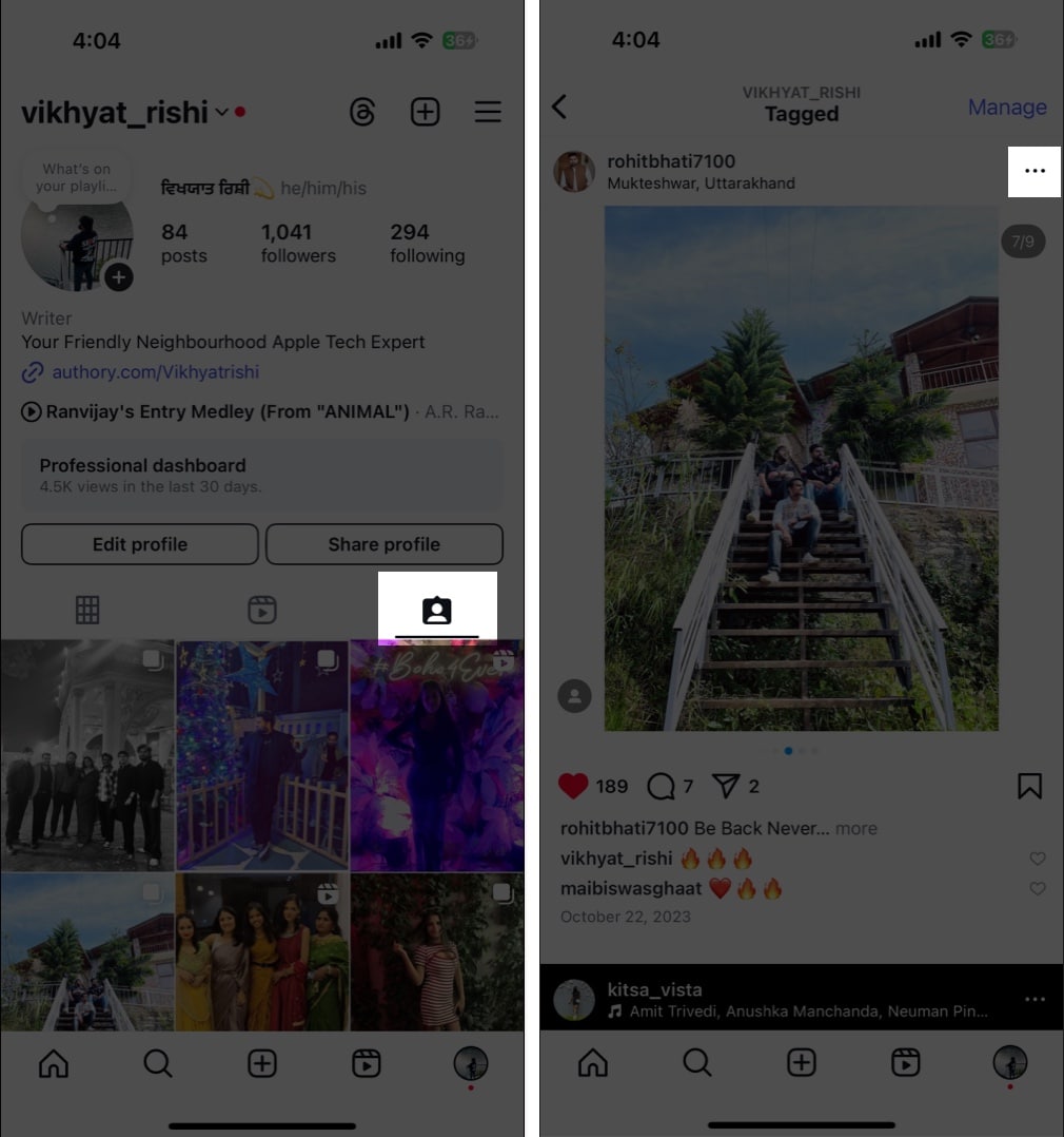 Accessing menu for a tagged Instagram post.