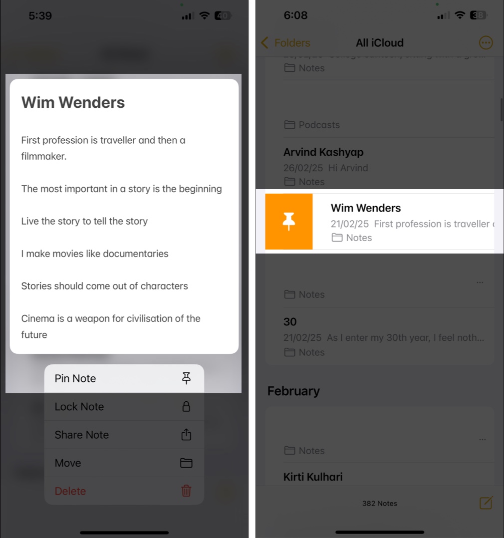 Pinning a note in apple notes on an iphone by long pressing and selecting the pin note option or swiping right and tapping the pin icon
