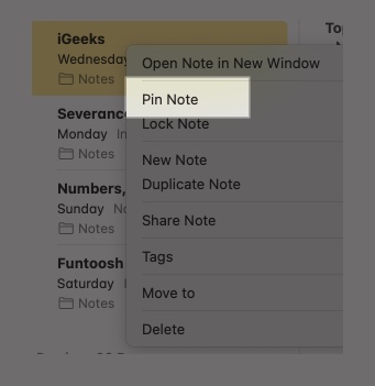 Using the pin note option in the control click menu in the notes app on a mac to pin a note