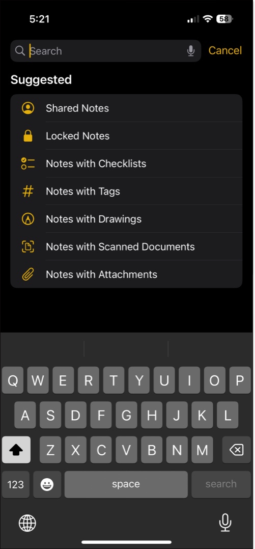 Using notes app suggestions to find a note