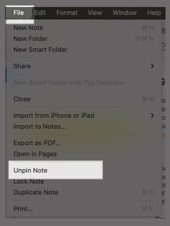 Using the unpin note option in the file menu options in the notes app on a mac to unpin a note
