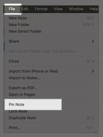 Using the pin note option in the file menu options to pin a note on a mac